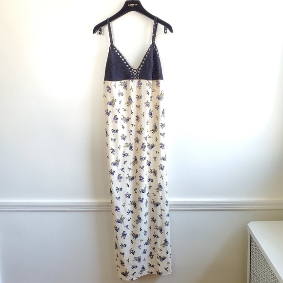 New Zara Floral Satin Printed Crochet Cream Maxi Tank Dress Cottagecore Small - Picture 7 of 14